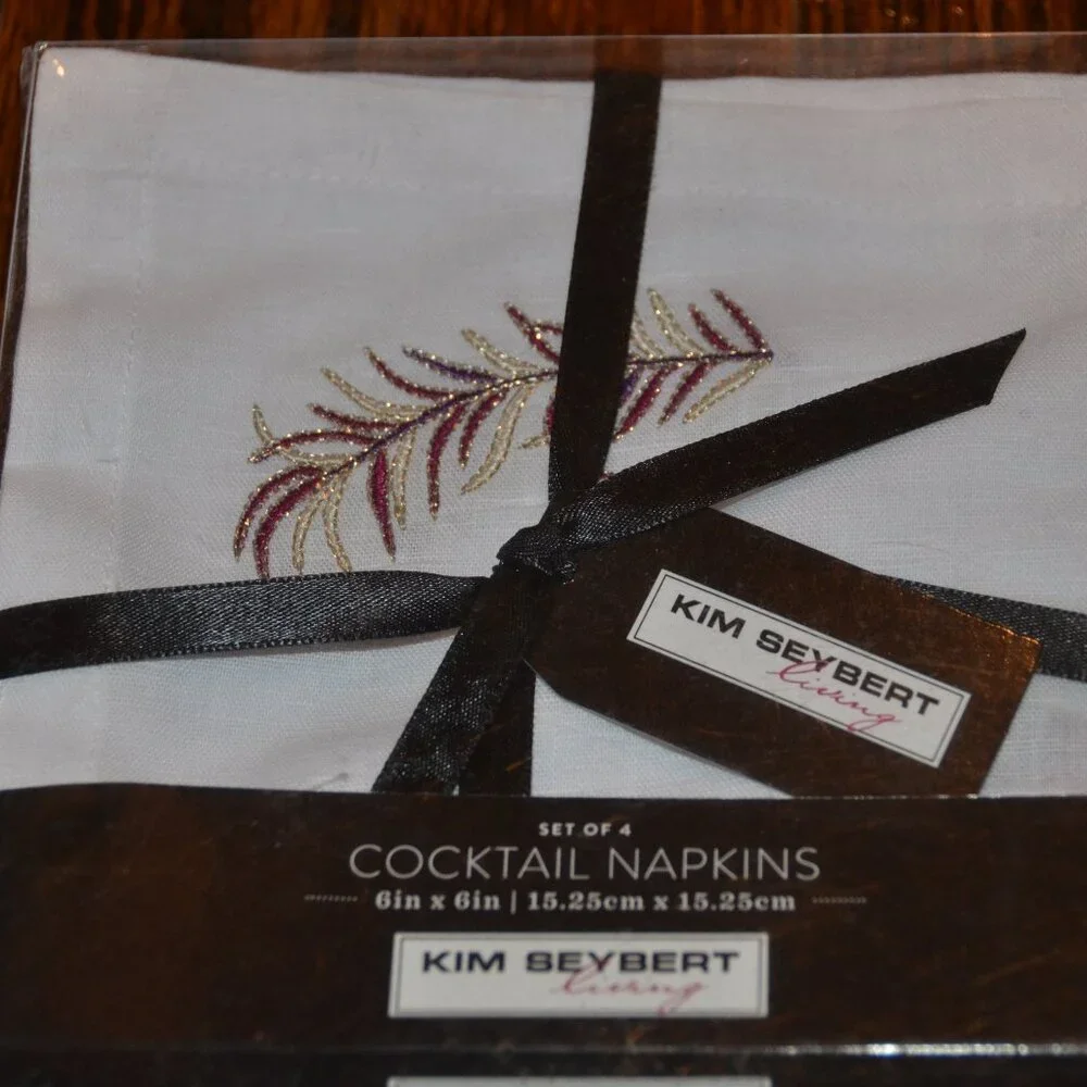 RARE SET KIM SEYBERT LIVING 4 PURPLE EMBROIDERED FEATHER COCKTAIL BAR NAPKINS